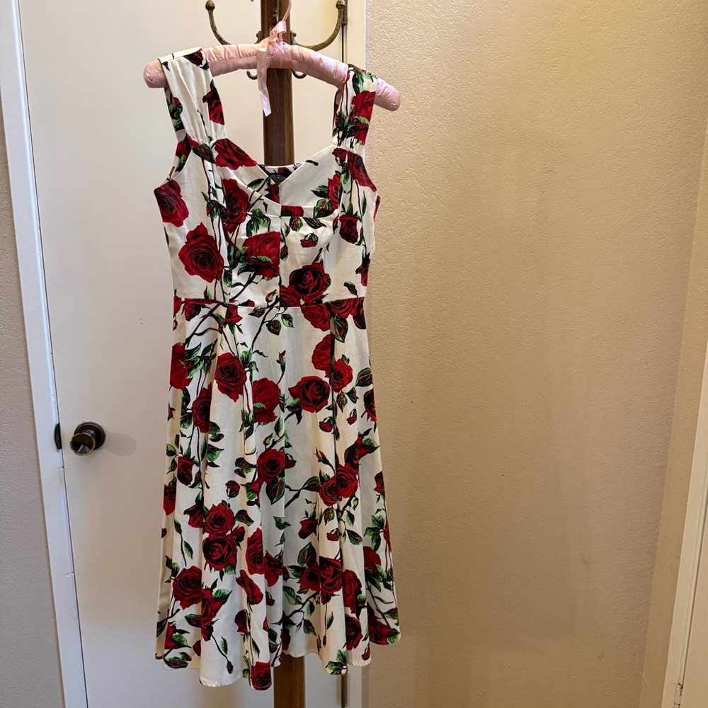 Hearts and Roses Floral Dress with Red and Green‎ Accents